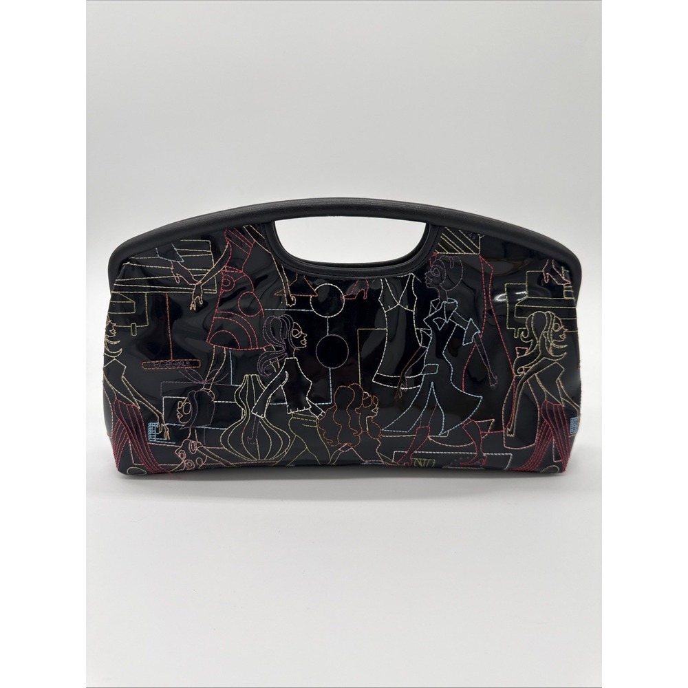 Y2K BCBGirls Clutch Mini Bag Womens Black Patent Leather Embroidered Vintage Mod